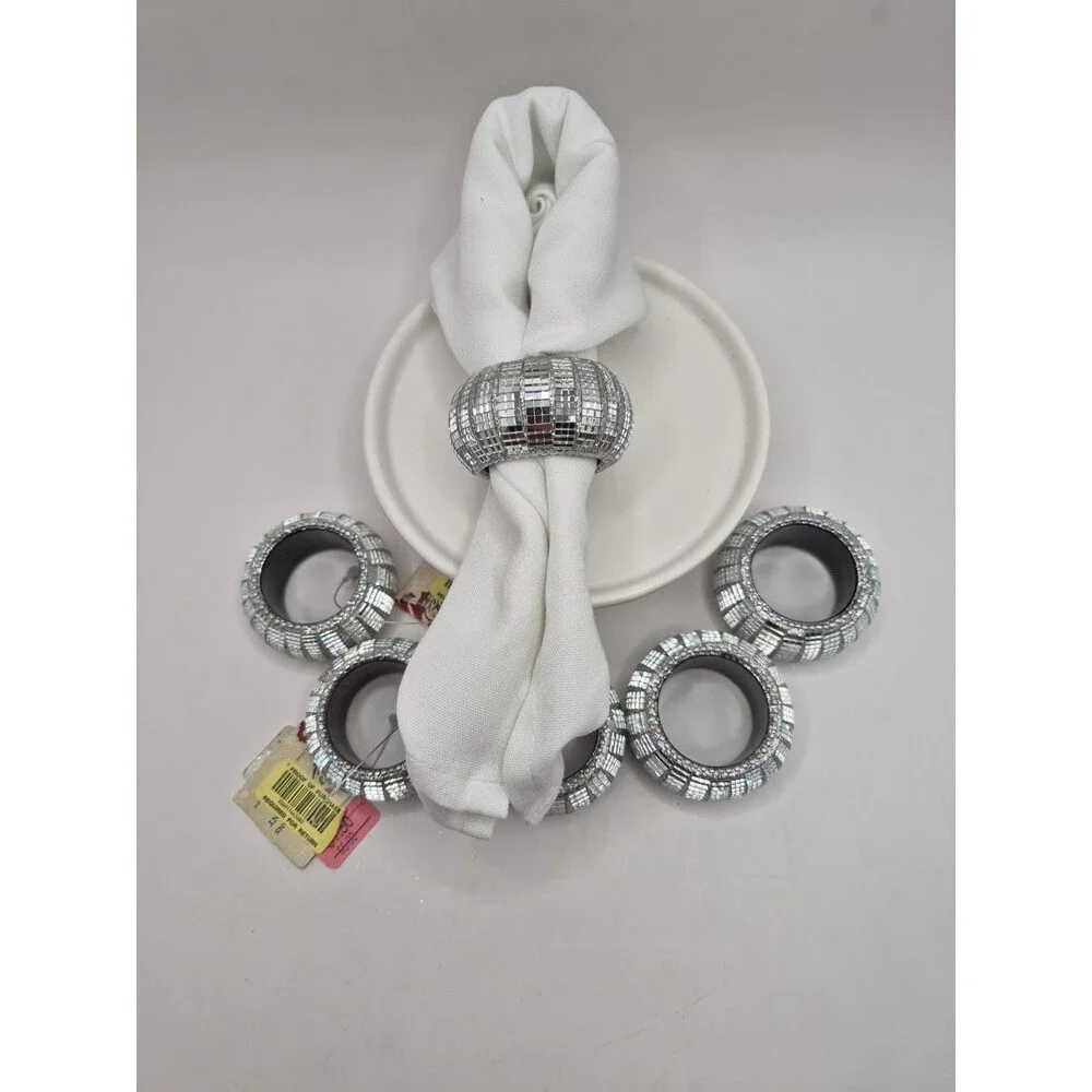 Silver Napkin Rings ( Set Of 6) Elegant Round Mirrored 2”x1”